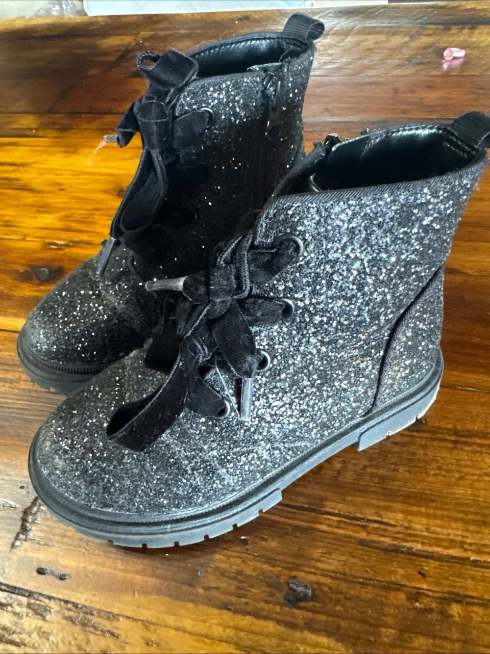 Cat & Jack Black Glitter Lace-Up Kids Boots with Ribbon Laces